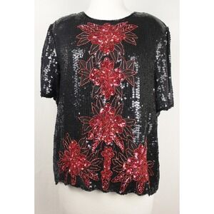 Regal Feelings Silk Beaded Sequin Top Black Red Floral India Boho L